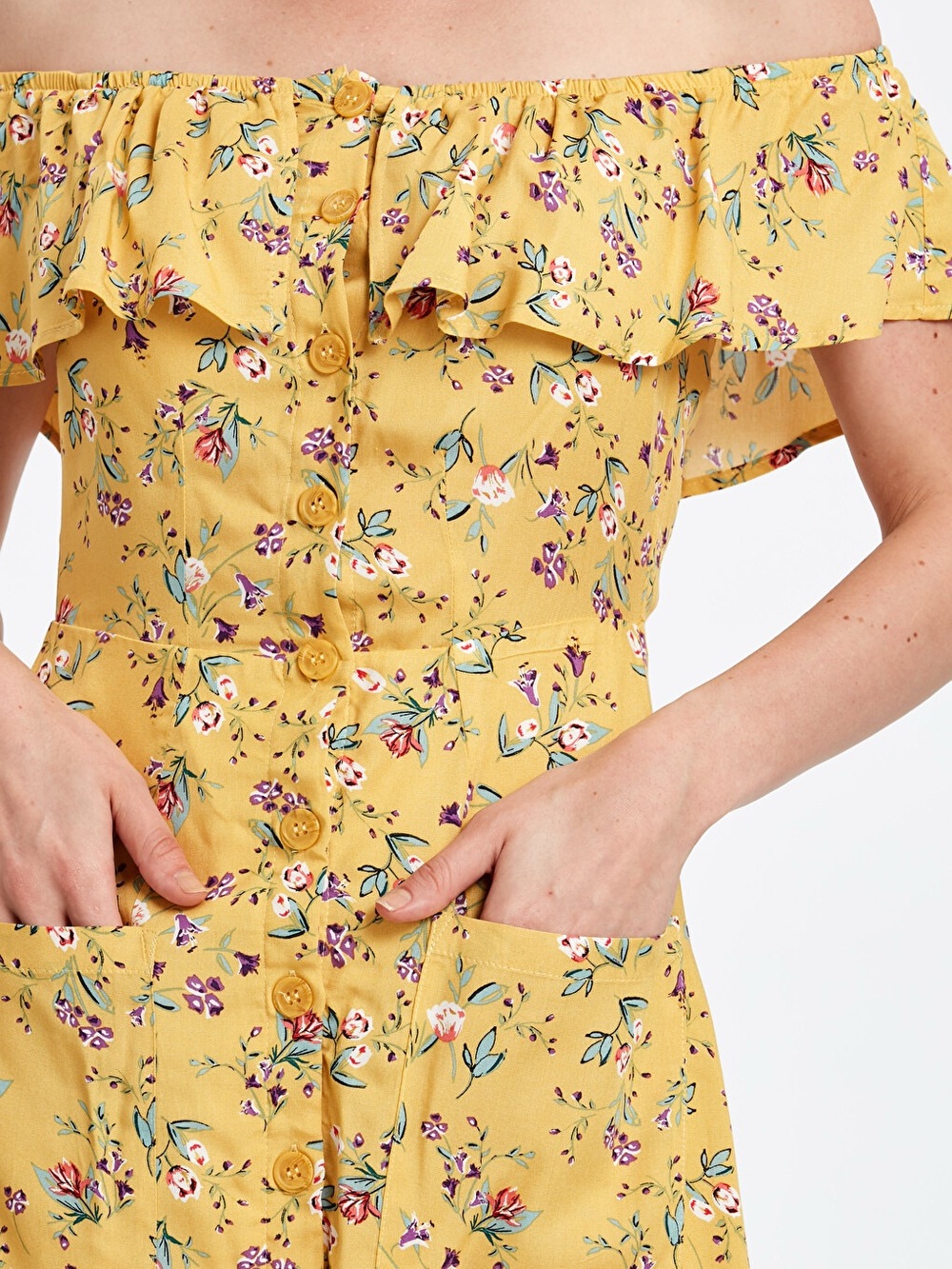Topshop Yellow Floral Off-Shoulder Button-Front Mini Dress